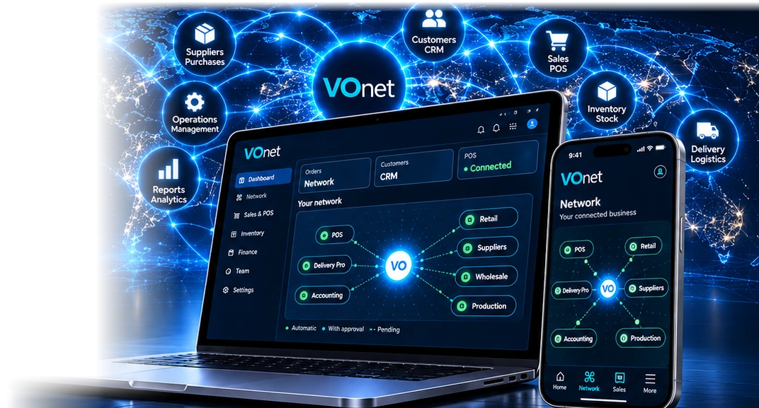 Illustration of the VOnet platform on a modern laptop and smartphone, linked to business operations across a global network